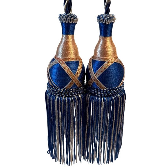 Elegant Blue Gold Curtain Tieback Craft Decor VTG Tassel Cord Set of 2 Regal DIY - Picture 2 of 12